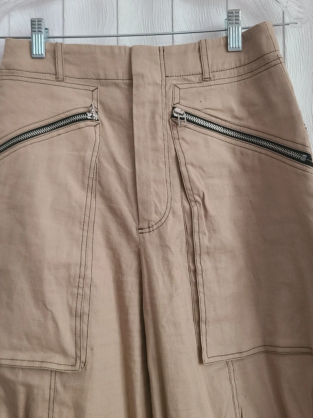 Zara Sz S Beige Exposed Zipper Pockets Wide Leg Casual Linen Blend Neutral Pant